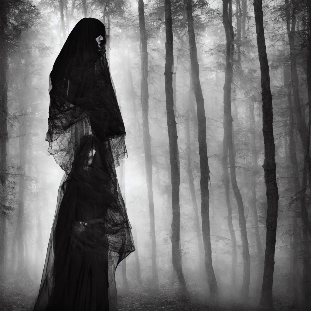 Prompt: a woman with black veil covering is face walking in the forest, photography, photorealism, volumetic lights, hasselblad, mamiya, photo of the year,