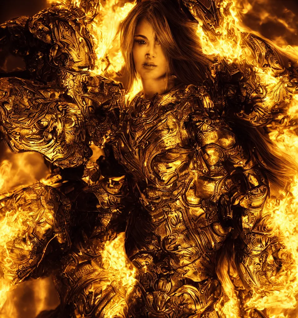 Prompt: Close-up shot of a fiercely beautiful woman in golden angelic battle armor wielding a flaming sword, action shot, cinematic, epic, Soft lighting, attractive, highly detailed, trending on artbreeder