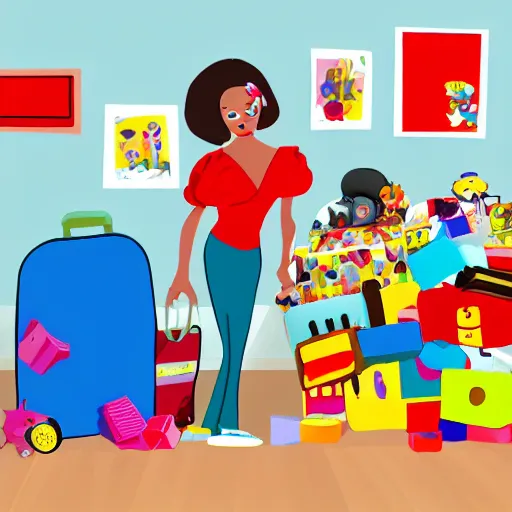 Image similar to a painted cartoonish scene, an open suitcase sits on a table, the open suitcase contains a vast pile of toys, the pile of toys rises all the way to the ceiling, the pile of toys blocks the background, a woman stands next to the table and suitcase, the woman holds more toys