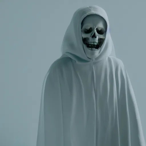 Prompt: a scary skeleton in white cloak smiling to the wiever