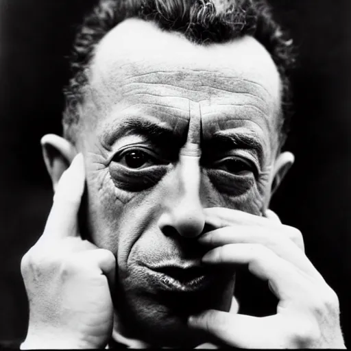 Image similar to 8k black and white photograph portrait of Albert Camus sticking his tongue out. National Geographic.