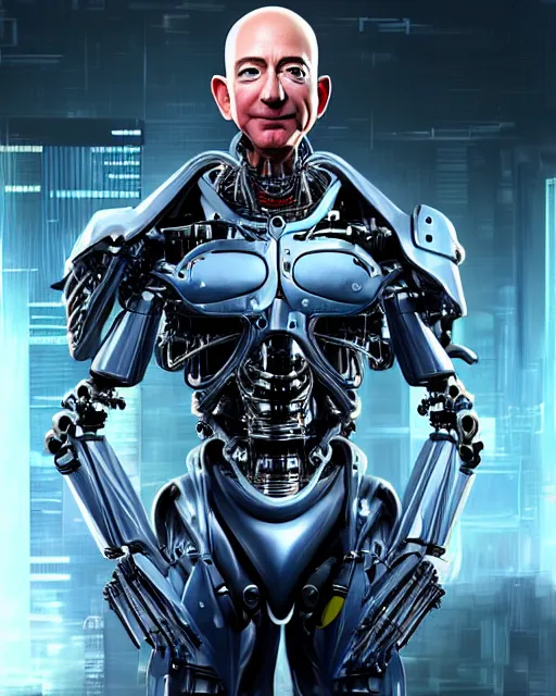 Prompt: portrait of Jeff Bezos as a sophisticated and intricate biomechanical Terminator, fantasy cyberpunk, Unreal Engine, hyper detailed, cinematic post-processing