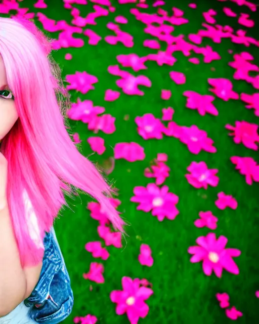 Image similar to beautiful girl, pink glowing hair, wind blowing, big eyes, cute, clear clean face, symmetrical face, blurry background, posing, high contrast, three quartered turned angle, surrounded by flowers