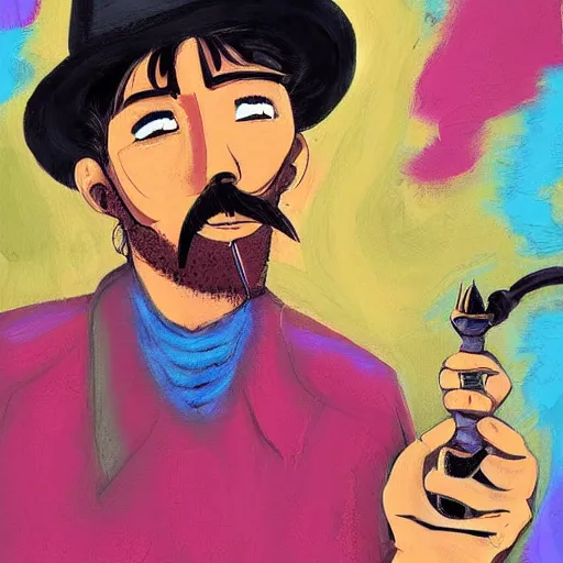 Prompt: a painting of a person with a hat and a pipe, digital art by Gabriel Ba, featured on instagram, psychedelic art, art on instagram, cosmic horror, psychedelic