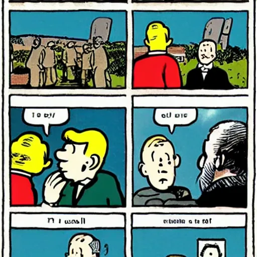 Image similar to comic strip featuring tintin meeting Halldor Laxness in the style of Herge