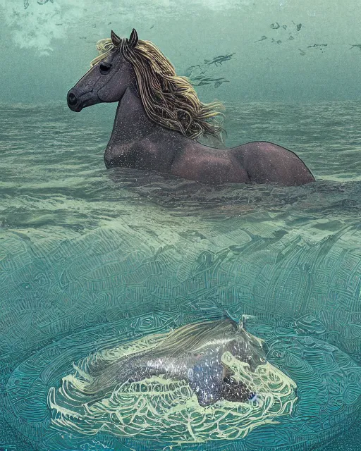 Prompt: a horse swimming in the water by abandoned ancient greek architecture submerged in water, digital art, illustrated by james gurney and victo ngai