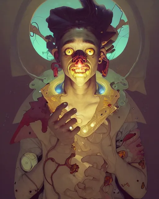 Image similar to portrait of a patchwork boy, bioluminescent, horror, expressive, asymmetrical art, highly detailed, concept art, cinematic, hyperrealism, epic, art by peter mohrbacher and wlop and rhads and artgerm and magali villeneuve and alphonse mucha, artstation, octane render, cgsociety