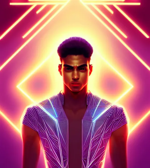 Image similar to symmetry!! egyptian prince of technology, solid cube of light, hard edges, product render retro - futuristic poster scifi, lasers and neon circuits, brown skin man egyptian prince, intricate, elegant, highly detailed, digital painting, artstation, concept art, smooth, sharp focus, illustration, dreamlike, art by artgerm