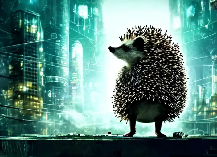 Image similar to portrait of a intricate hedgehog cyborg, on the background of a weird magical mechanical forest. Very detailed 8k. Fantasy cyberpunk horror. Sharp. Cinematic post-processing.