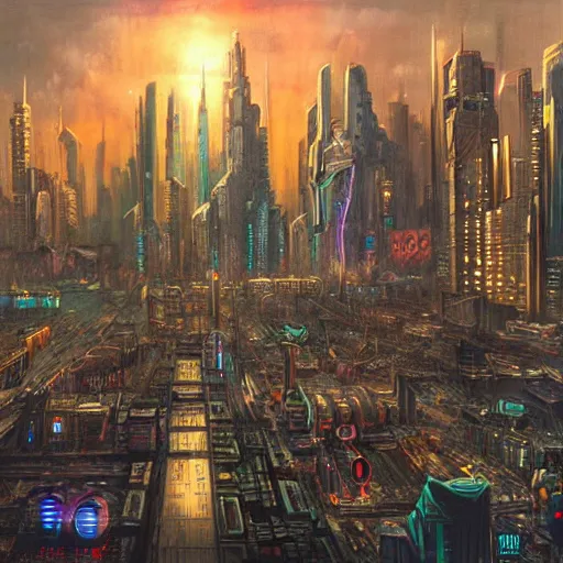 Image similar to cyberpunk cityscape, highly detailed fantasy art painting, 1 9 5 0 s style