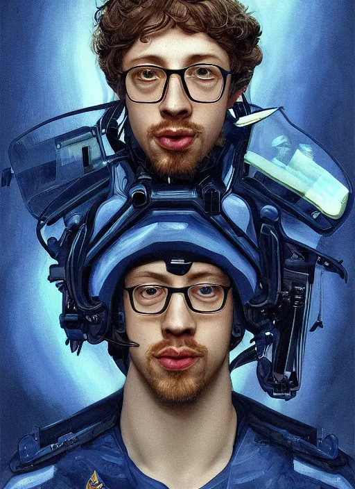 Image similar to portrait of Sam Hyde as a futuristic airforce, inside future fighter, sci-fi, fantasy, intricate, very very alpha and sigma, elegant, human anatomy, royal blue light, highly detailed, digital painting, artstation, concept art, smooth, sharp focus, illustration, art by tian zi and WLOP and alphonse mucha