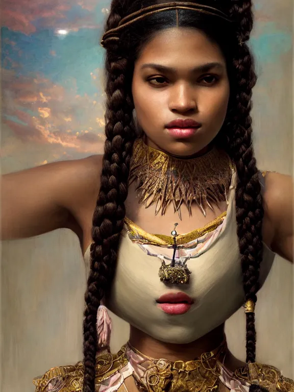 Image similar to beautiful portrait of a minority female wearing fantastic costume,pigtail,intricate, elegant, highly detailed, dim volumetric lighting, 8k,octane,post-processing,digital painting, trending on artstation, concept art, smooth, sharp focus, illustration,by Tom Bagshaw and Daniel Gerhartz and Albert Aublet and Lawrence Alma-Tadema and alphonse mucha