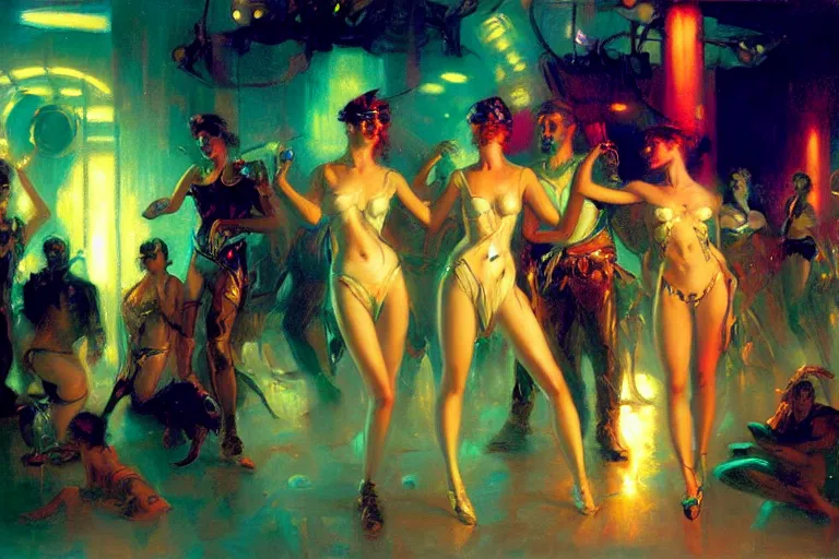 Prompt: futuristic techno party, summer, neon light, painting by gaston bussiere, craig mullins, j. c. leyendecker