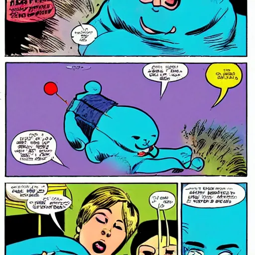 Prompt: giant blue baby baby seal goes in vietnam, comix by dave gibbons and john higgins