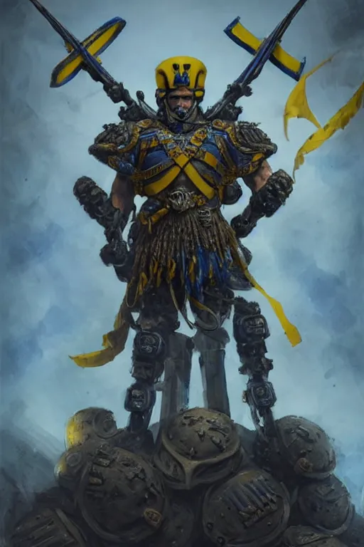 Image similar to a distant shot from below of a Ukrainian super soldier with blue and yellow flag behind him and a trident symbol on the chest standing alone on a huge pile of skulls posing as a winner, masculine muscular figure, D&D, fantasy, intricate, elegant, highly detailed, extremely detailed, digital painting, artstation, concept art, matte, smooth, hyper realistic, sharp focus, illustration, art by Artgerm and Greg Rutkowski and Alphonse Mucha