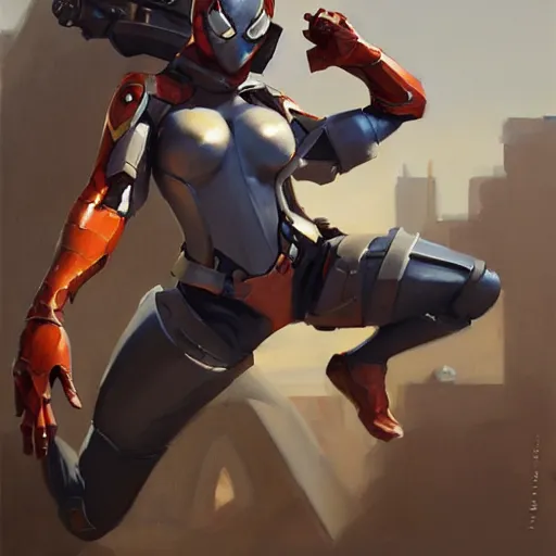 Image similar to greg manchess portrait painting of partially armored female iron spiderman as overwatch character, medium shot, asymmetrical, profile picture, organic painting, sunny day, matte painting, bold shapes, hard edges, street art, trending on artstation, by huang guangjian, gil elvgren, ruan jia, greg rutkowski, gaston bussiere