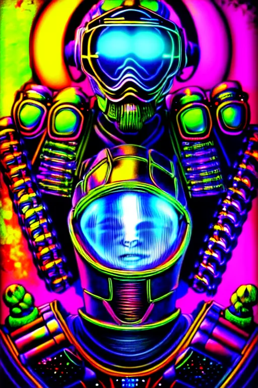 Image similar to maximalist detailed neon knight portrait. lowbrow scifi artwork by kidsquidy ø - cult and subjekt zero. ray tracing hdr polished sharp in visionary psychedelic fineart style inspired by ben ridgway and igor goryunov