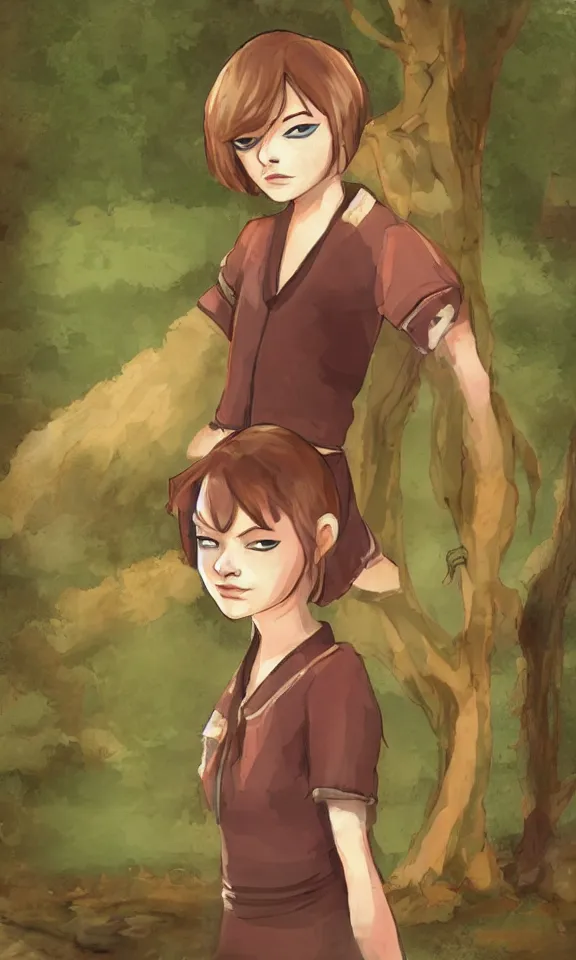 Image similar to Emma Stone in konoha village. In the art style of alexandre chaudret