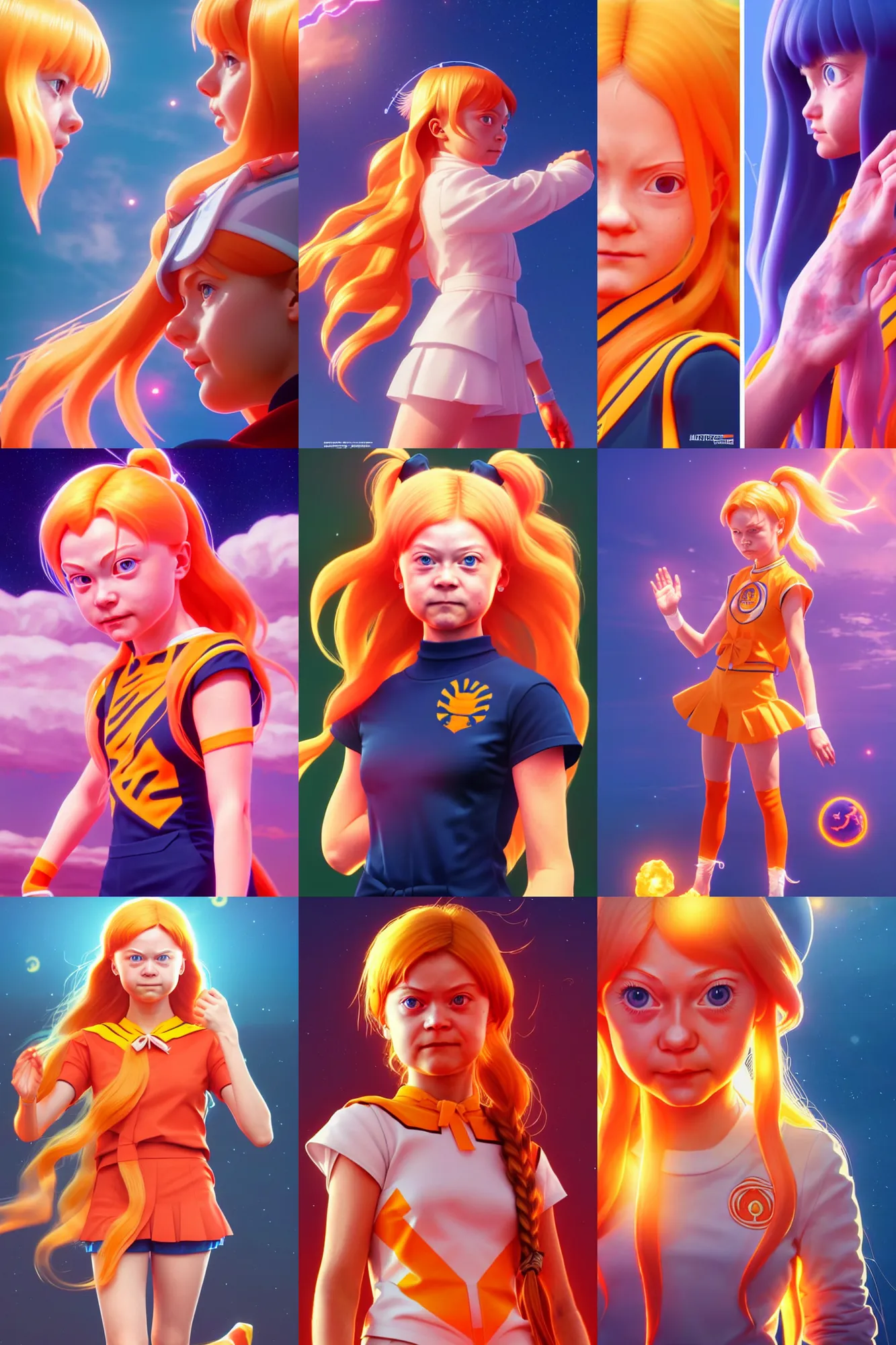 Prompt: Greta Thunberg transforming into Sailor Venus uniform, hyperrealistic and highly detailed, sharp focus and octane render, 8k, volumetric lighting, digital art by Ilya Kuvshinov and Ross Tran, artstation