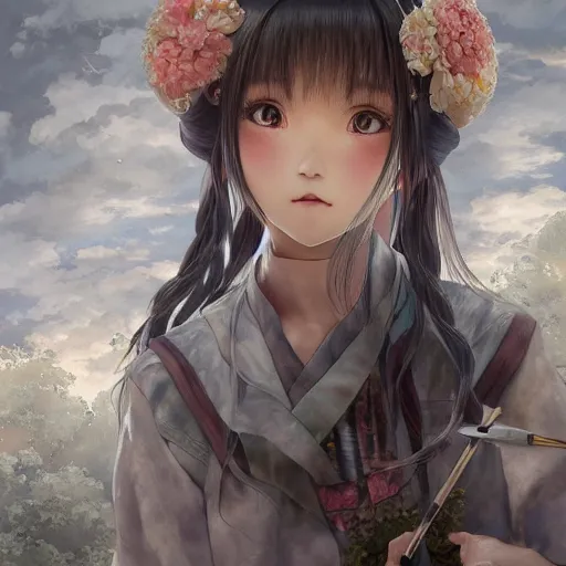 Image similar to dynamic composition, motion, ultra-detailed, incredibly detailed, a lot of details, amazing fine details and brush strokes, colorful and grayish palette, smooth, HD semirealistic anime CG concept art digital painting, watercolor oil painting of a Japanese schoolgirl, by a Chinese artist at ArtStation, by Huang Guangjian, Fenghua Zhong, Ruan Jia, Xin Jin and Wei Chang. Realistic artwork of a Chinese videogame, gradients, gentle an harmonic grayish colors.