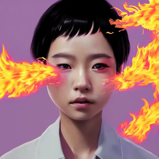 Prompt: Portrait of a Japanese schoolgirl with short hair and lilac eyes causing flames in a moment of rage, hyperdetailed, artstation trending, world renowned artists, cgsociety, by Boris Valejjo, Deviantart