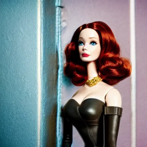 Image similar to amazing beautiful Christina Hendricks barbie doll wearing leather in the living room, film still from the movie directed by Denis Villeneuve , wide lens