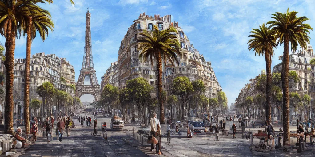 Image similar to the beautiful bustling city of paris rebuilt as a coastal city in california, beautiful weather, palm trees, splendid haussmann architecture, eiffel tower in the middle, digital painting, highly detailed, intricate, concept art, matte painting, trending on artstation