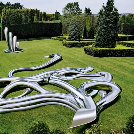 Image similar to giant Italian modern castle formal garden with a modern stainless steel organic shaped modern sculptures with mirror finish by Tony Cragg, photo by Annie Leibovitz