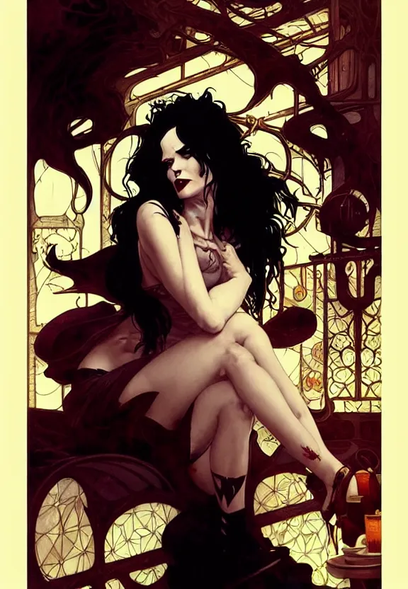 Image similar to perky character death from comic book the sandman in a small 5 0 ’ s style diner, fantasy magic, dark light night, intricate, elegant, sharp focus, illustration, highly detailed, digital painting, concept art, matte, art by wlop and artgerm and greg rutkowski and alphonse mucha, masterpiece