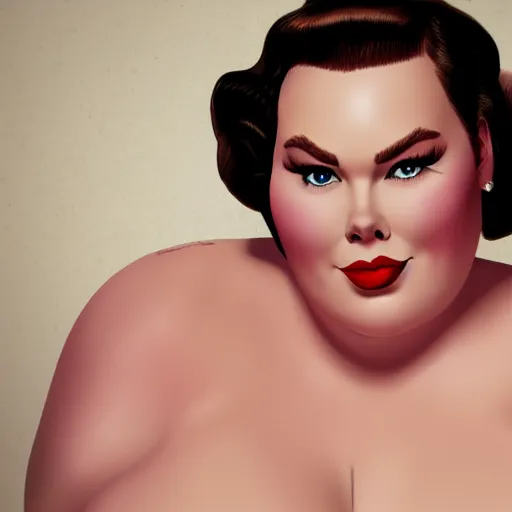 Image similar to coy chrissy metz in the style of 1 9 5 0 s pinups by warren louw, realistic, ultra detailed, unreal engine, octane render, 8 k resolution, trending on artstation