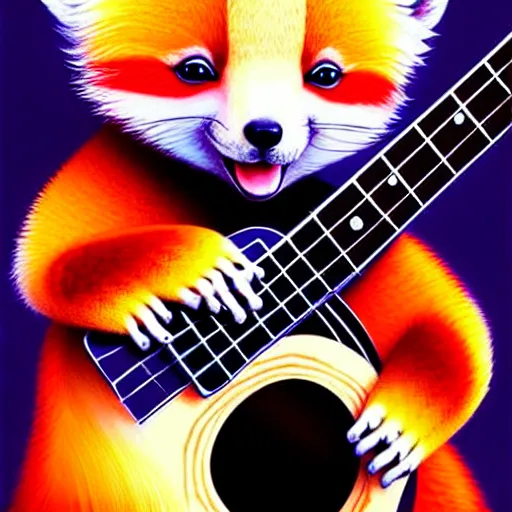 Image similar to cute fluffy Ailurus fulgens playing a ukulele, fully detailed, high quality , 4k , digital art, digital painting, soft light , masterpiece