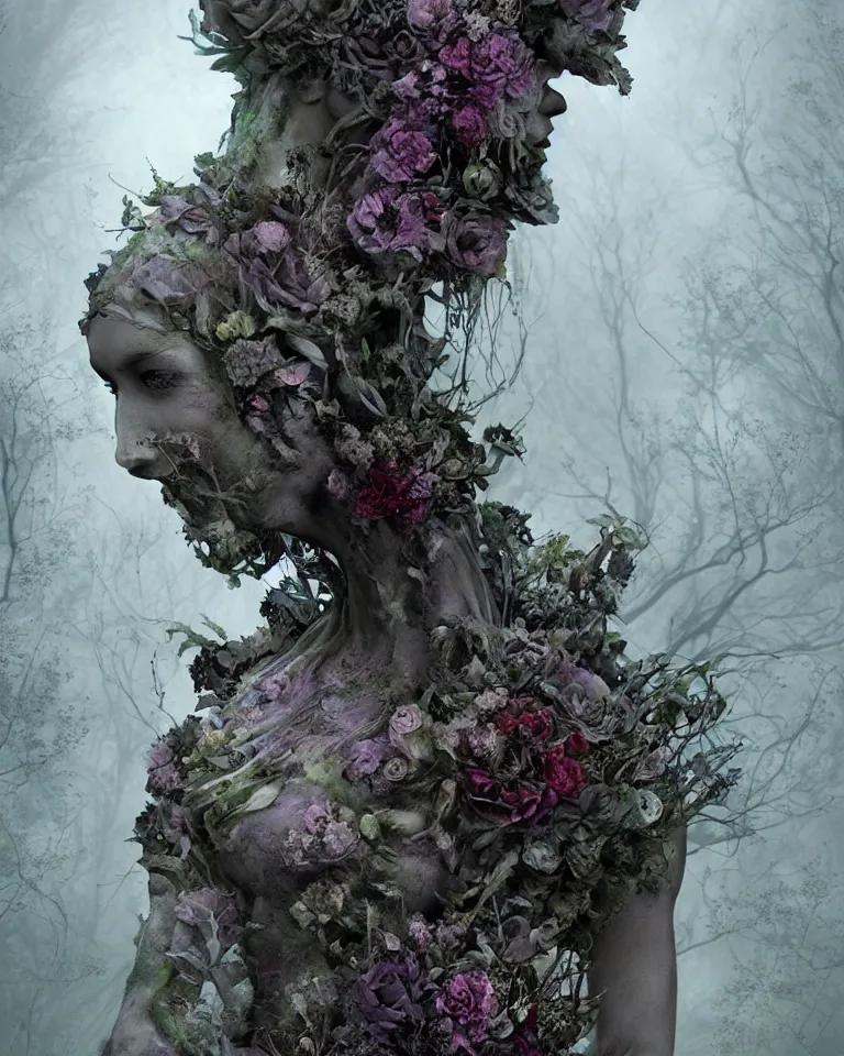 Image similar to portrait of a gothic cemetery statue made of mist and flowers breaking apart and mutating into mist, cosmic horror, Andrew Ferez, Charlie Bowater, Marco Mazzoni, Seb McKinnon, Ryohei Hase, Alberto Seveso, Kim Keever, trending on cgsociety, featured on zbrush central, new sculpture, mystical