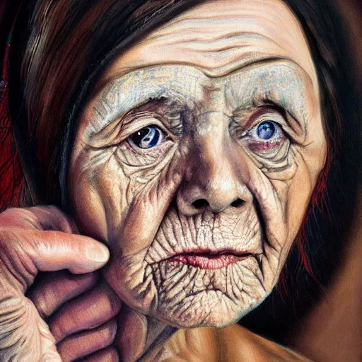 Prompt: medical heating eye bag, old woman, in the glamour style, oil painting, high definition, airbrush,