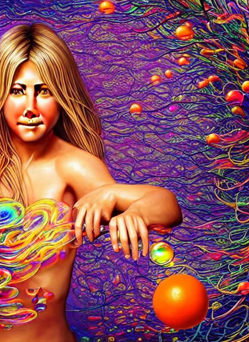 Image similar to hyper detailed 3d render like a Oil painting - Jennifer Anniston with blonde hair in thick mascara seen seriously making soap bubbles and Eating of the Strangling network of spaghetti and exotic colorful trees and Her delicate Hands hold of orange parrots bring iridescent luminescent trees whose blossoms black the intelligent stars by Jacek Yerka, Mariusz Lewandowski, Houdini algorithmic generative render, Abstract brush strokes, Masterpiece, Edward Hopper and James Gilleard, Zdzislaw Beksinski, Mark Ryden, Wolfgang Lettl, Dan Hiller, hints of Yayoi Kasuma, octane render, 8k