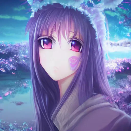 Prompt: anime girl beautiful eyes surreal nature photo purple dusk epic artsy hyper detail