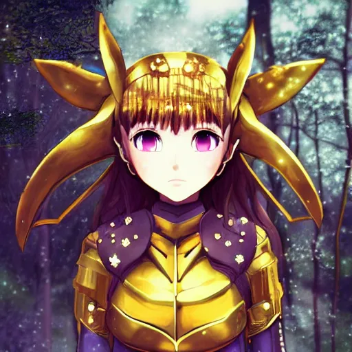 Image similar to focus face portrait of beautiful darkness knight 3D anime girl, golden armor wearing, dark forest background, snowing, bokeh, inspired by Masami Kurumada, digital painting, high contrast, unreal engine render, volumetric lighting, high détail