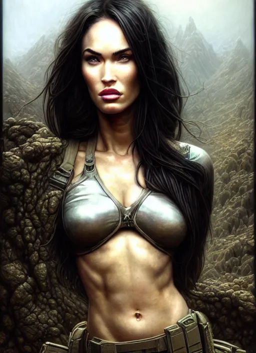 Image similar to closeup portrait shot of megan fox swat team soldier in a scenic dystopian environment, intricate, elegant, highly detailed, centered, digital painting, artstation, concept art, smooth, sharp focus, illustration, artgerm, tomasz alen kopera, peter mohrbacher, donato giancola, joseph christian leyendecker, wlop, boris vallejo