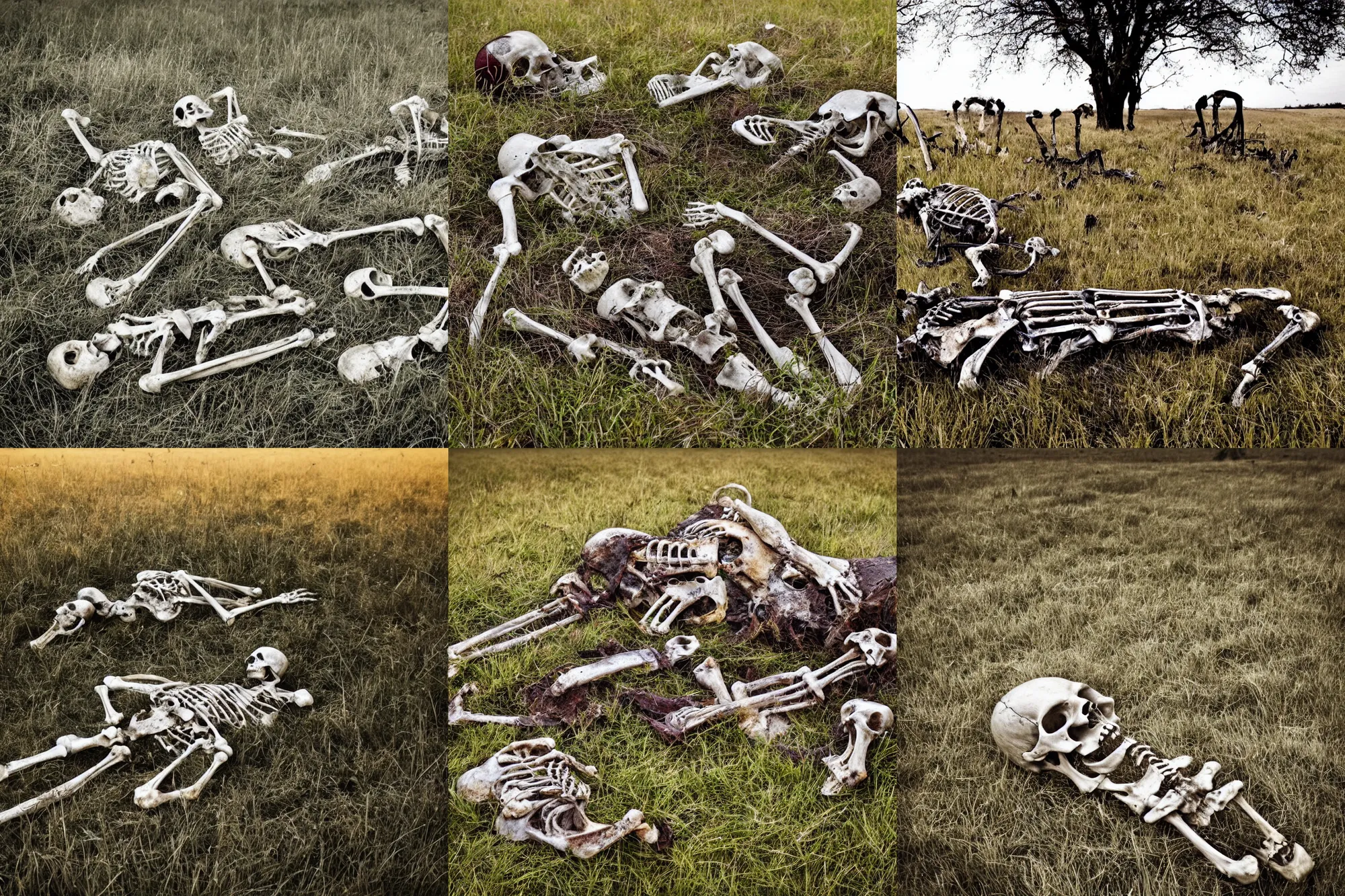 Prompt: professional, atmospheric photograph of decaying skeletons and bones. in a meadow