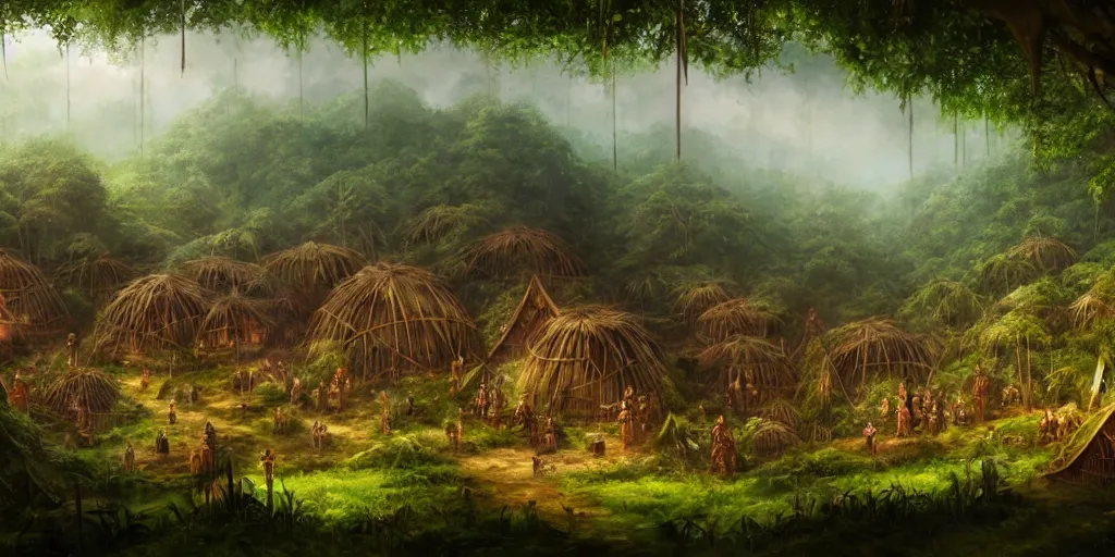 Image similar to a clearing in the jungle reveals a village full of merchant tents and mushroom huts, matte oil painting, science fantasy, retrofuturistic, biblical, rpg, queer, pride, epic, extremely detailed, sharp focus, 4 k