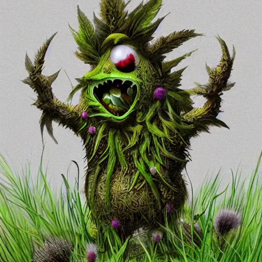 Prompt: A plant monster, highly detailed, digital art, sharp focus, trending on art station, leaves, moss, ferns, thistle