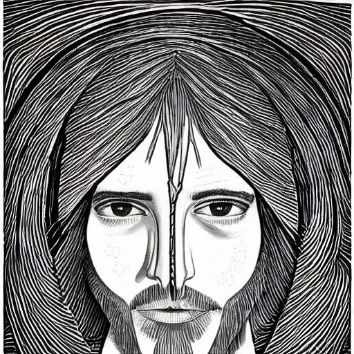 Prompt: a drawing of a man's face with long hair, an ultrafine detailed painting by Maryam Hashemi, featured on pixiv, metaphysical painting, fractalism, woodcut, tarot card