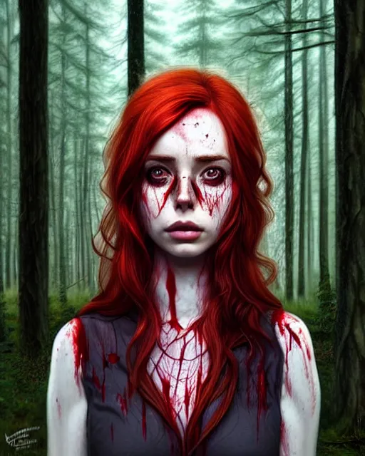 Image similar to surrounded by trees, realistic character concept, gorgeous Kacey Rohl, red hair, small freckles, Wendigo antlers, symmetrical face, symmetrical eyes, full body, covered in blood, dark forest, trees, shorter neck, cinematic lighting, Joshua Middleton and artgerm, fear anxiety terror