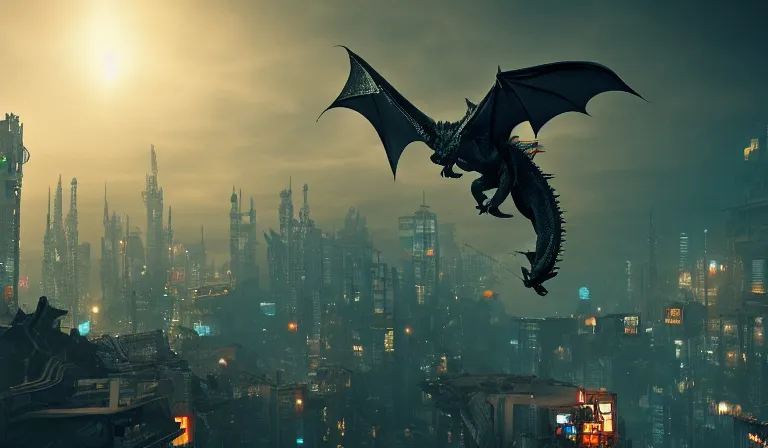 Image similar to dragon flying above a cyberpunk city in ruins, close shot, 8k, cinematic, epic, ultra detailed, award winning, trending on artstationHD, dramatic