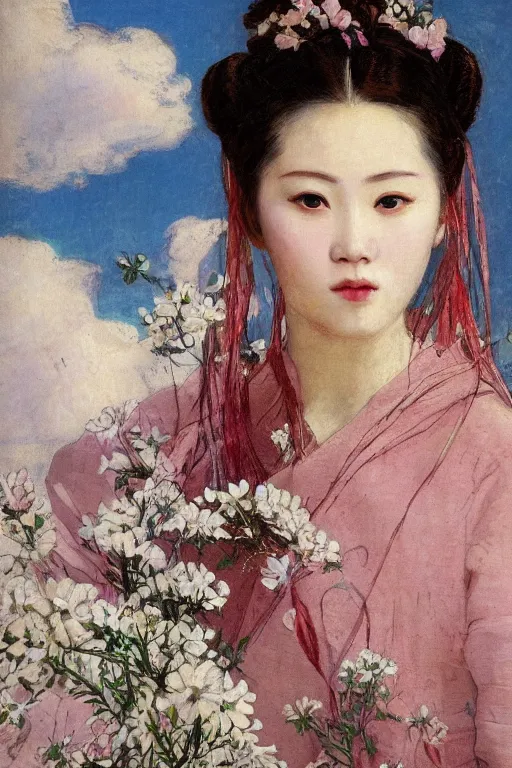 Image similar to close - up fashion asian woman portrait airy flowers clouds art by vasnetsov