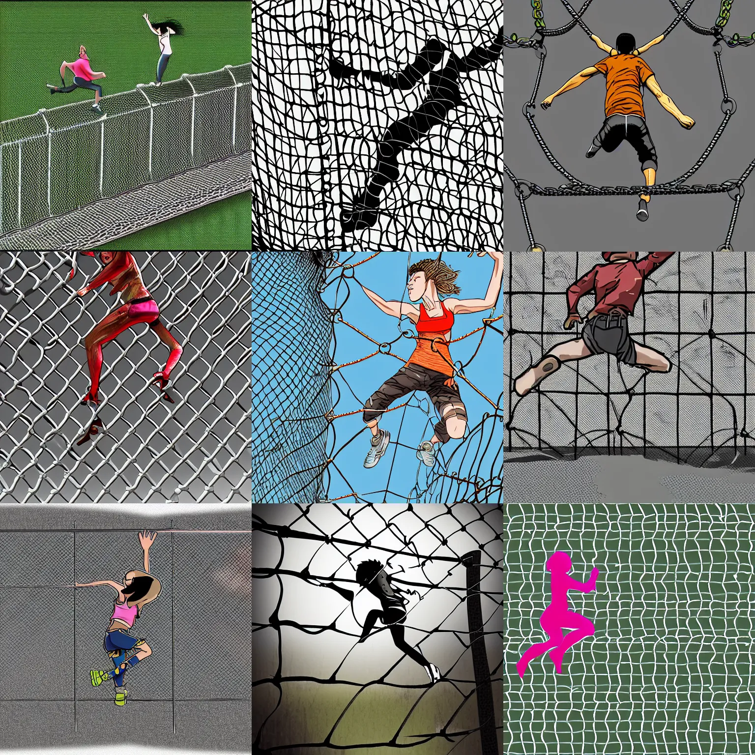 Prompt: human jumping over a chain link fence, detailed digital drawing, HD, trending on artstation