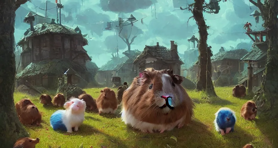 Image similar to hyper realistic cute guineapigs everywhere, by simon stalenhag, frank frazetta, greg rutkowski, beeple, christian macnevin, wlop and krenz cushart, epic fantasy character art, volumetric outdoor lighting, midday, high fantasy, cgsociety, cheerful colours, full length, exquisite detail, post - processing, masterpiece, cinematic