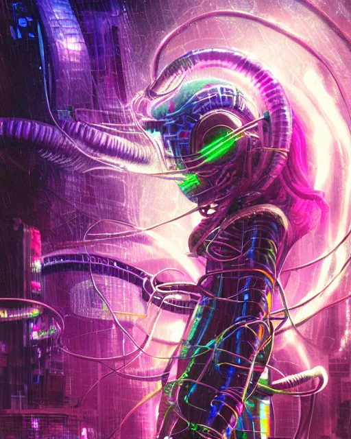 Image similar to a cyberpunk close up portrait of evil cyborg medusa, electricity, rainbow, snakes in hair, sparks, bokeh, soft focus, sparkling, glisten, water drops, cold, dark, geometric, temples behind her, by paul lehr, jesper ejsing