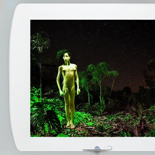 Image similar to an amatir photo capturing alien on jungle at night, candid