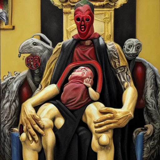 Image similar to hyper realistic painting of a handsome man symmetrical, sitting in a gilded throne, tubes coming out of the man's arm, getting a blood transfusion from a baby. plague doctor in the background created by mike allred