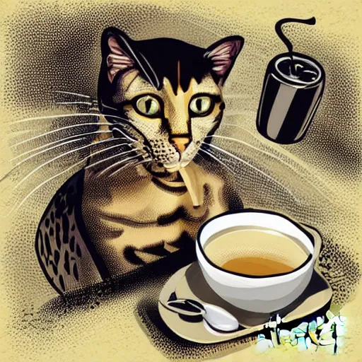 Image similar to A humanoid cat sipping coffee, vector art by Salvador Dali